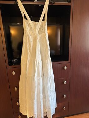 White Tiered Eyelet Midi Dress with Straps - White